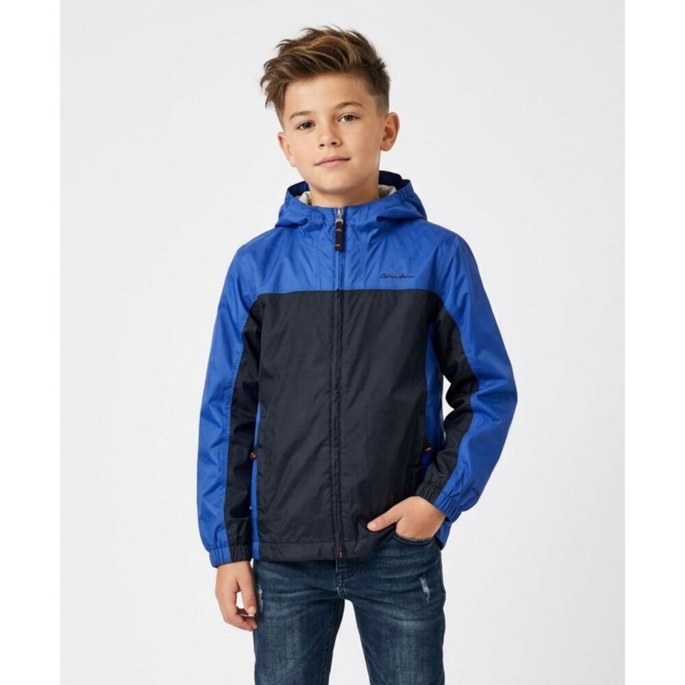 Eddie Bauer Blue Black Colorblock Hooded Windbreaker Jacket Kids S 7-8